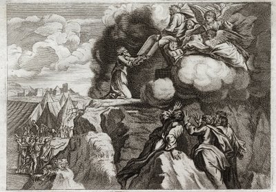Bibbia di Royaumont, Antico Testamento: Prime Tavole della Legge. Dio dà la Legge al suo popolo sul Monte Sinai. Mosè riceve i 10 Comandamenti dalle mani di Dio. Illustrazione del 1811. da Unknown artist