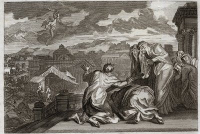 Bibbia di Royaumont, Antico Testamento: Flagello della Peste. E Davide, avendo fatto il censimento di tutto il suo popolo per vanità, Dio affligge il suo regno con una pestilenza che uccide settantamila uomini in tre giorni. Illustrazione del 1811. da Unknown artist