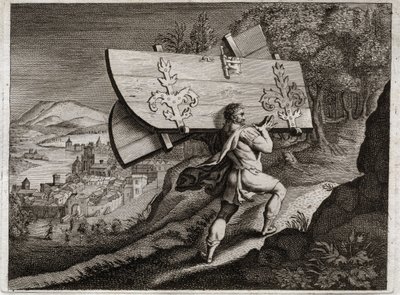 Bibbia di Royaumont, Antico Testamento: Porte di Gaza. Sansone, rinchiuso a Gaza, strappa le porte della città. Illustrazione del 1811. da Unknown artist
