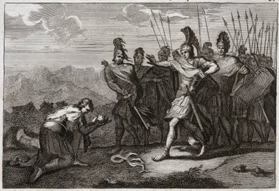 Bibbia di Royaumont, Antico Testamento: Testa di Saul. I Filistei gioiscono della morte di Saul e offrono la sua testa al loro idolo. Davide si rammarica della morte e va in Giudea, dove viene riconosciuto re a Hebron. Illustrazione del 1811. da Unknown artist