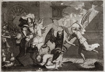 Bibbia di Royaumont, Antico Testamento: Eliodoro cacciato dal tempio. Eliodoro, inviato dal suo sovrano a saccheggiare il Tempio di Gerusalemme, fu battuto con verghe dagli angeli. Illustrazione del 1811. da Unknown artist