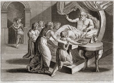 Bibbia di Royaumont, Antico Testamento: Isacco benedice Giacobbe. Isacco, desiderando benedire Esaù, dà la sua benedizione a Giacobbe per la saggezza di Rebecca, secondo il piano di Dio. Illustrazione del 1811. da Unknown artist