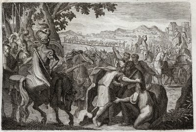 Bibbia di Royaumont, Antico Testamento: Giacobbe va in Egitto. Giacobbe va a trovare Giuseppe con tutta la sua famiglia. Illustrazione del 1811. da Unknown artist