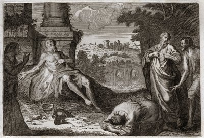 Bibbia di Royaumont, Antico Testamento: Giobbe sul letame. Il santo uomo Giobbe è tentato dal demonio che gli porta via tutti i suoi beni e tutti i suoi figli, e lo colpisce con una terribile piaga, lasciandogli solo la moglie che lo porta con impazienza.  da Unknown artist