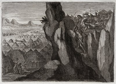 Bibbia di Royaumont, Antico Testamento: Gionata e il suo scudiero. Gionata, figlio del re Saul, va da solo con il suo scudiero nel campo dei Filistei e li mette in fuga. Illustrazione del 1811. da Unknown artist