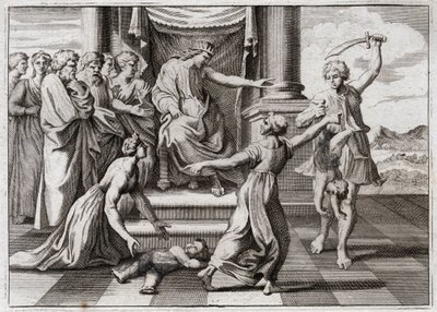 Bibbia di Royaumont, Antico Testamento: Giudizio di Salomone. Il famoso giudizio di Salomone tra due donne, per riconoscere quale delle due fosse la madre di un bambino, che entrambe affermavano essere suo. Illustrazione del 1811. da Unknown artist