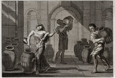 Bibbia di Royaumont, Antico Testamento: Miracolo di Eliseo. Una vedova tormentata dai suoi creditori, usando la carità di Eliseo, questo Profeta le comandò di prendere in prestito molti vasi dai vicini, che riempì d