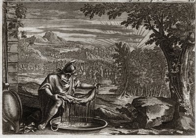 Bibbia di Royaumont, Antico Testamento: Il miracolo del vello. Gedeone ottiene da Dio il miracolo del vello come prova che lo aveva scelto e che lo avrebbe fatto liberatore del suo popolo. Illustrazione del 1811 da Unknown artist