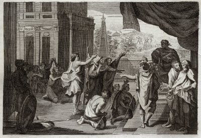 Bibbia di Royaumont, Antico Testamento: Mosè davanti al Faraone. Mosè chiede al Faraone di lasciare che gli Ebrei vadano nel deserto a sacrificare al Signore. Illustrazione del 1811. da Unknown artist