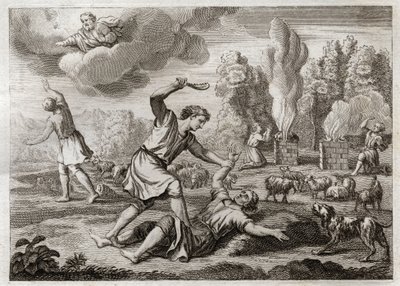Bibbia di Royaumont, Antico Testamento: Omicidio di Abele. Caino porta suo fratello con invidia contro Abele, portandolo in campagna come per passeggiare, e lo uccide. Illustrazione del 1811 da Unknown artist