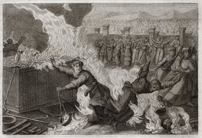 Bibbia di Royaumont, Antico Testamento: Nadab e Abiu. Nadab e Abiu, figli di Aronne, che misero un fuoco estraneo nei loro incensieri per offrire incenso a Dio, furono bruciati nel Tabernacolo stesso. Illustrazione del 1811 da Unknown artist