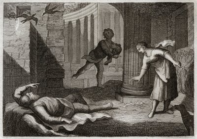 Bibbia di Royaumont, Antico Testamento: Il vecchio Tobia perde la vista. Il santo uomo Tobia perde la vista e sopporta questo male con estrema pazienza. Illustrazione del 1811. da Unknown artist