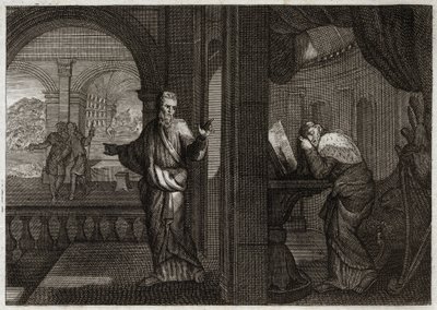 Bibbia di Royaumont, Antico Testamento: La penitenza di Davide. Dio manda il suo profeta Nathan a Davide per rappresentare la sua colpa. Il pentimento di questo santo re lo fa accettare tutti i mali che il profeta gli aveva predetto. Illustrazione del 1811 da Unknown artist
