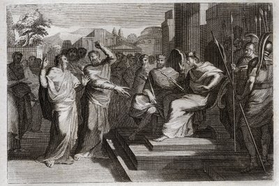 Bibbia di Royaumont, Antico Testamento: Pietà di Giosafat. Giosafat, il più pio re di Giuda, fa tremare tutti i principi che lo circondano, e testimonia in vari modi la sua pietà verso Dio, che lo rende vittorioso sui suoi nemici. Illustrazione del 1811 da Unknown artist