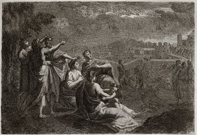 Bibbia di Royaumont, Antico Testamento: Predizioni su Gerusalemme. Dio ha sollevato le armi in aria su Gerusalemme, per infliggerle i mali che dovevano abbattersi su di lei. Illustrazione del 1811 da Unknown artist