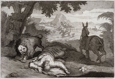Bibbia di Royaumont, Antico Testamento: Profeta disobbediente. Un profeta, avendo rimproverato Geroboamo per la sua empietà, viene ucciso da un leone perché non aveva obbedito al Signore, che gli aveva proibito di bere e mangiare in quel luogo. Illustrazio da Unknown artist