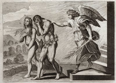 Bibbia di Royaumont, Antico Testamento: Punizione di Adamo. Dio scaccia Adamo ed Eva dal Paradiso dopo la loro caduta, e mette un Cherubino alla porta per difendere l
