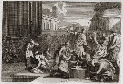 Bibbia di Royaumont, Antico Testamento: Punizione di Adonibesec. Morte di Giosuè. Re Adonibesec, sfidato dagli Ebrei, viene mutilato delle estremità dei piedi e delle mani, come lui stesso aveva fatto a settanta re. Illustrazione del 1811 da Unknown artist