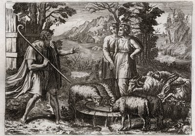 Bibbia di Royaumont, Antico Testamento: Rachele e Lea. Giacobbe serve Labano, suo zio, per sposare sua figlia Rachele. Illustrazione del 1811 da Unknown artist