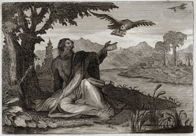 Bibbia di Royaumont, Antico Testamento: Corvi di Elia. Dio colpì la terra con una sterilità di tre anni, mandò il profeta Elia presso un ruscello, dove due corvi gli portarono cibo. Illustrazione del 1811. da Unknown artist