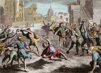 Bibbia di Royaumont, Antico Testamento: Rappresentazione dello scisma di Roboamo che divise il regno di Israele dopo la morte di Salomone - il suo popolo invia deputati a Roboamo suo figlio, che, preferendo il consiglio dei giovani a quello degli anziani,  da Unknown artist