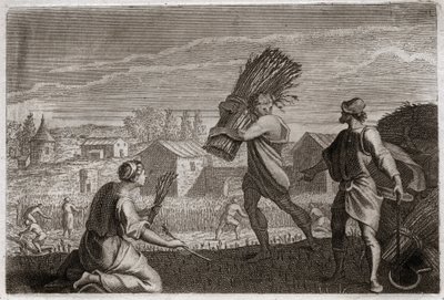 Bibbia di Royaumont, Antico Testamento: Ruth segue la suocera Noemi nella terra di Giuda e miete i campi di grano di Boaz. Illustrazione del 1811 da Unknown artist