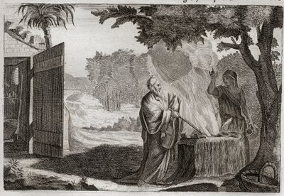 Bibbia di Royaumont, Antico Testamento: Sacrificio di Gedeone. Gedeone è chiamato da Dio a liberare gli Ebrei dai loro nemici. Offre un sacrificio su una pietra, dalla quale esce un fuoco che lo consuma. Illustrazione del 1811 da Unknown artist