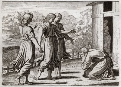 Bibbia di Royaumont, Antico Testamento: Sara concepisce Isacco. Abramo riceve tre angeli che promettono a Sara (Sarah) che avrà un figlio entro un anno. Illustrazione del 1811. da Unknown artist