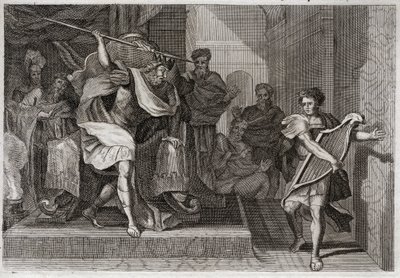 Bibbia di Royaumont, Antico Testamento: Saul vuole uccidere Davide. Saul pieno di rabbia e invidia contro Davide, vuole trafiggerlo con la sua lancia mentre suonava l