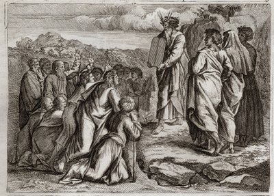 Bibbia di Royaumont, Antico Testamento: Seconda Tavola della Legge. Dio dà a Mosè altre tavole (Dieci Comandamenti), che il popolo riceve con rispetto. Illustrazione del 1811. da Unknown artist