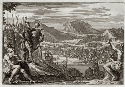 Bibbia di Royaumont, Antico Testamento: Soldati di Gedeone. Dio comanda a Gedeone di condurre tutte le sue truppe al fiume Giordano e gli dà un segno per discernere quelli che doveva usare per combattere contro i Madianiti. Illustrazione del 1811 da Unknown artist