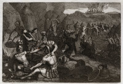 Bibbia di Royaumont, Antico Testamento: Ladri di Siceleg. Alcuni Amaleciti vengono a saccheggiare Siceleg in assenza di Davide. Illustrazione del 1811. da Unknown artist