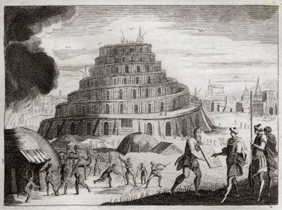 Bibbia di Royaumont, Antico Testamento: Torre di Babele. Gli uomini vogliono per vanità costruire una torre fino al cielo. Dio impedisce questo lavoro confondendo le loro lingue in modo che non possano più capirsi. Illustrazione del 1811. da Unknown artist