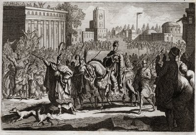 Bibbia di Royaumont, Antico Testamento: Trionfo di Mardocheo. Aman è costretto dal re a proclamare il trionfo di Mardocheo, suo nemico, in tutta la città di Susa. Illustrazione del 1811. da Unknown artist