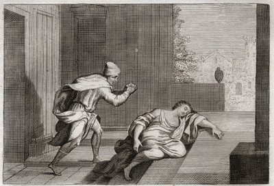 Bibbia di Royaumont, Antico Testamento: Donna del Levita oltraggiato. La moglie del Levita fu trovata morta alla porta dopo essere stata abusata da delinquenti. Illustrazione del 1811 da Unknown artist