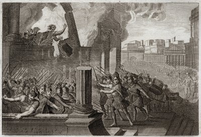 Bibbia di Royaumont, Antico Testamento: Zambri si brucia. Zambri, avendo rivoltato contro Ela, il quarto re di Israele, si assedia a Thersa, dove si brucia con tutta la sua famiglia nel suo palazzo. Illustrazione del 1811. da Unknown artist