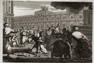 Bibbia di Royaumont, Antico Testamento: Zaccaria lapidato. Zaccaria, il Sommo Sacerdote, è lapidato per ordine di Ioas, re di Giuda, perché non seguiva i suoi ordini. Illustrazione del 1811 da Unknown artist