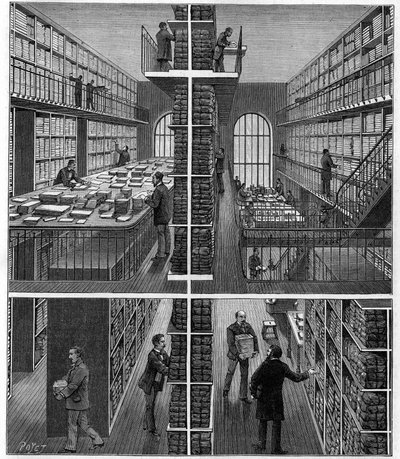 Biblioteca Nazionale di Parigi: sala di gestione e archiviazione dei giornali al Bureau des Entrees. Incisione in "La Nature: revue des sciences et de leurs applications aux arts et a l