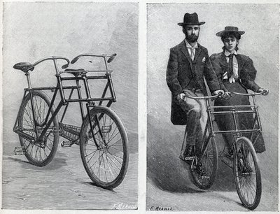 Bicicletta a due posti della fabbrica "Punnett Cycle" senza e con ciclisti. Incisione in "La Nature" da Unknown artist