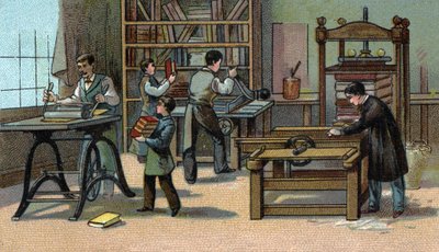 Laboratorio di legatoria: Cromolitografia della fine del XIX secolo da Unknown artist