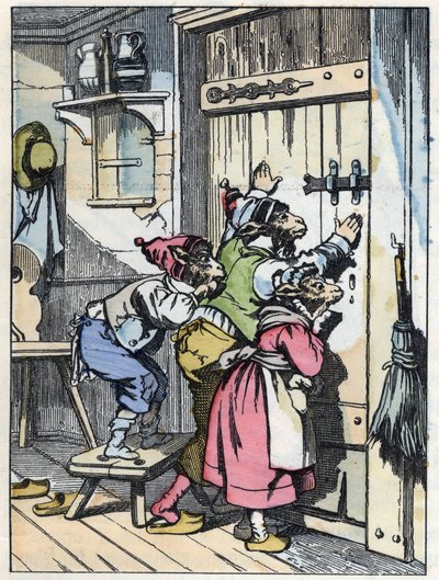 I biquets ascoltano chi bussa alla porta. Illustrazione della fiaba "Compere le Loup, Maitre Renard, Comere la Chevre et ses petits biquets" dopo una favola di Jean de la Fontaine. In "Fiabe dalla casa per i piccoli". Incisione anonima del XIX secolo da Unknown artist