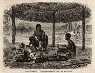 Fabbro manganjas (gruppo etnico della regione dello Zambeze). Incisione per illustrare i primi viaggi del Dr. Livingstone in Africa meridionale dal 1840 al 1856, in 