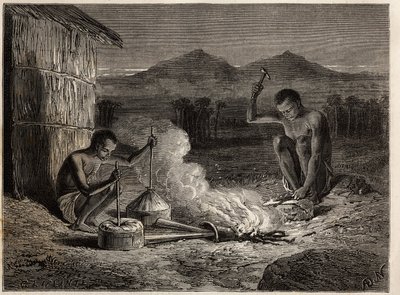 Fabbri a Simiango, sulle rive del fiume Zambesi. Incisione per illustrare i primi viaggi del Dr. Livingstone nell