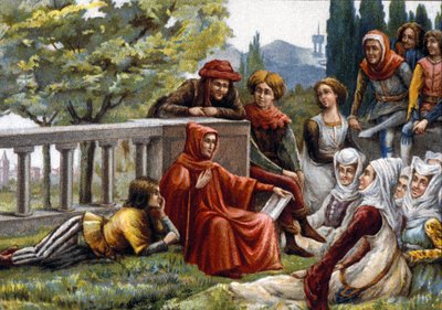Boccaccio che legge il Decameron ai suoi amici durante l
