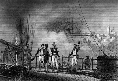 Bombardamento di Tangeri da parte del Principe di Joinville. in "Storia generale della marina" di Van Tenac da Unknown artist