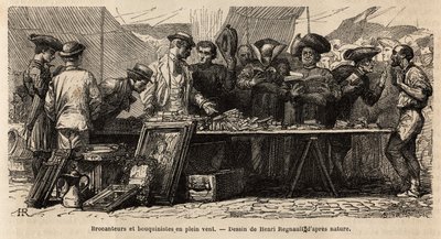 Librai e rigattieri al vento, vicino a Piazza Montanara, sotto una tenda allestita, amatori e chierici si contendono un bric-à-brac di antichità, alcuni leggono lì, altri contrattano con gesti. Incisione per illustrare il viaggio a Roma, di Francis Wey, ne da Unknown artist
