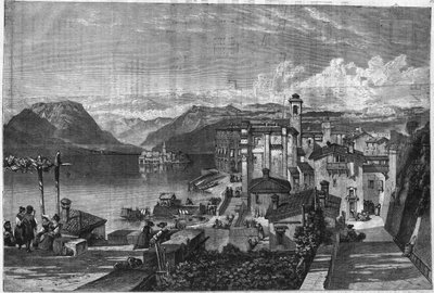 Isole Borromee del Lago Maggiore in Italia: Vista di Isola Bella. Incisione in 