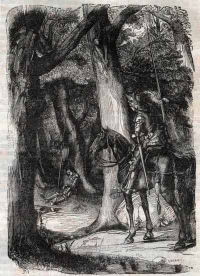 Bradamante vede Pinabel - incisione del 1851 da "Orlando furioso" (XVI secolo) di Ludovico Ariosto, noto come l