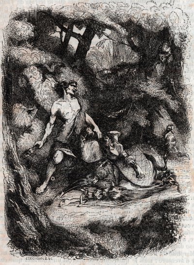 Bradamante abbattuta da un gigante - incisione del 1851 da "Orlando furioso" (XVI secolo) di Ludovico Ariosto, noto come l