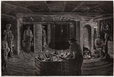 Colazione nella miniera, distribuzione e consumo di pasti in cestini ai minatori nelle gallerie di estrazione del carbone di Creusot. Incisione per illustrare un viaggio a Creusot e alle miniere di Saone e Loira, nel 1865, di L. Simonin, in 